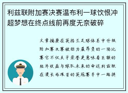 利兹联附加赛决赛温布利一球饮恨冲超梦想在终点线前再度无奈破碎